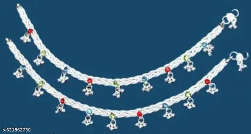 Elegant Silver Plated Payal Set with Multicolor Stones and Ghungroo – 3 Pair Combo for Women