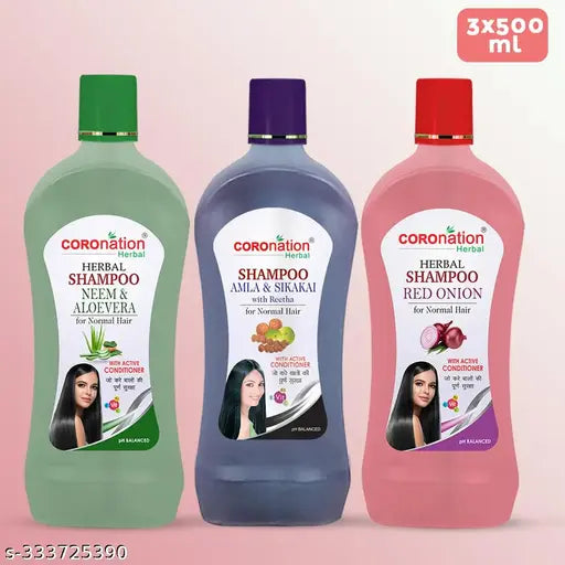 COROnation Herbal Neem and Aloevera  Shampoo, Amla Sikakai Shampoo,and Red Onion Shampoo Combo - Pack of 3