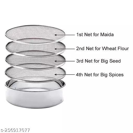 Stainless Steel 4 in 1 Interchangeable Sieve Set of 5, Flour Chalni, Spices, Food Strainers, Atta Chalni, Jaali Channi Atta Maida Strainer - Springkart 