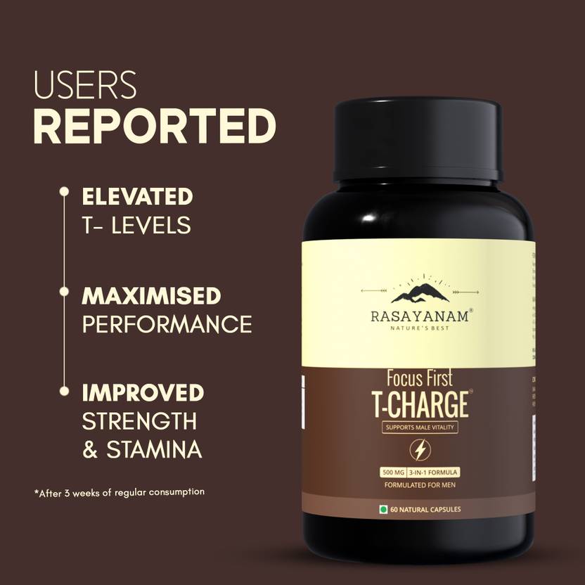 Rasayanam T-Charge Capsules-500mg, Testosterone Supplement for Men, For Strength & Stamina (60 Capsules)
