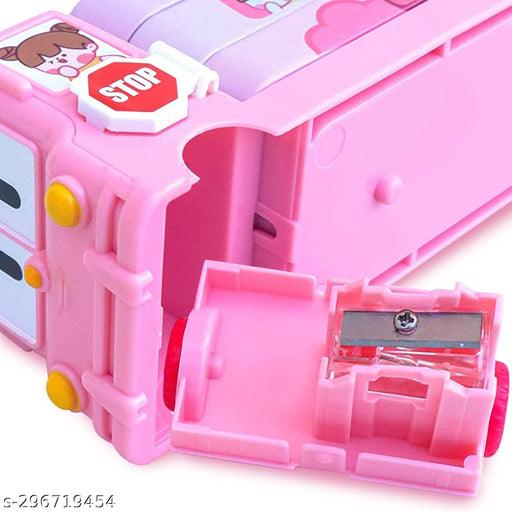 Bus Shape Pencil Box (Pink) School Bus Metal Geometry Box for Kids Magic Bus with Moving Tyres - Springkart 