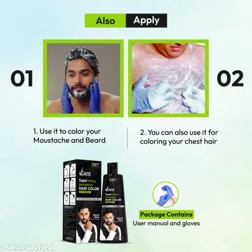V Care Super Eazzy Hair Colour Shampoo for Women and Men 180ml | Only 5 Minute Root Hair Dye Coloring Kit Head, Moustache, Beard, Hands, Chest | No Parabens, Ammonia And Sulfates - Black