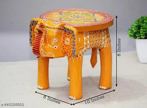 Hand Painted Decorative wooden Elephant Stool Handcrafted (Yellow/Orange), 8 Inches