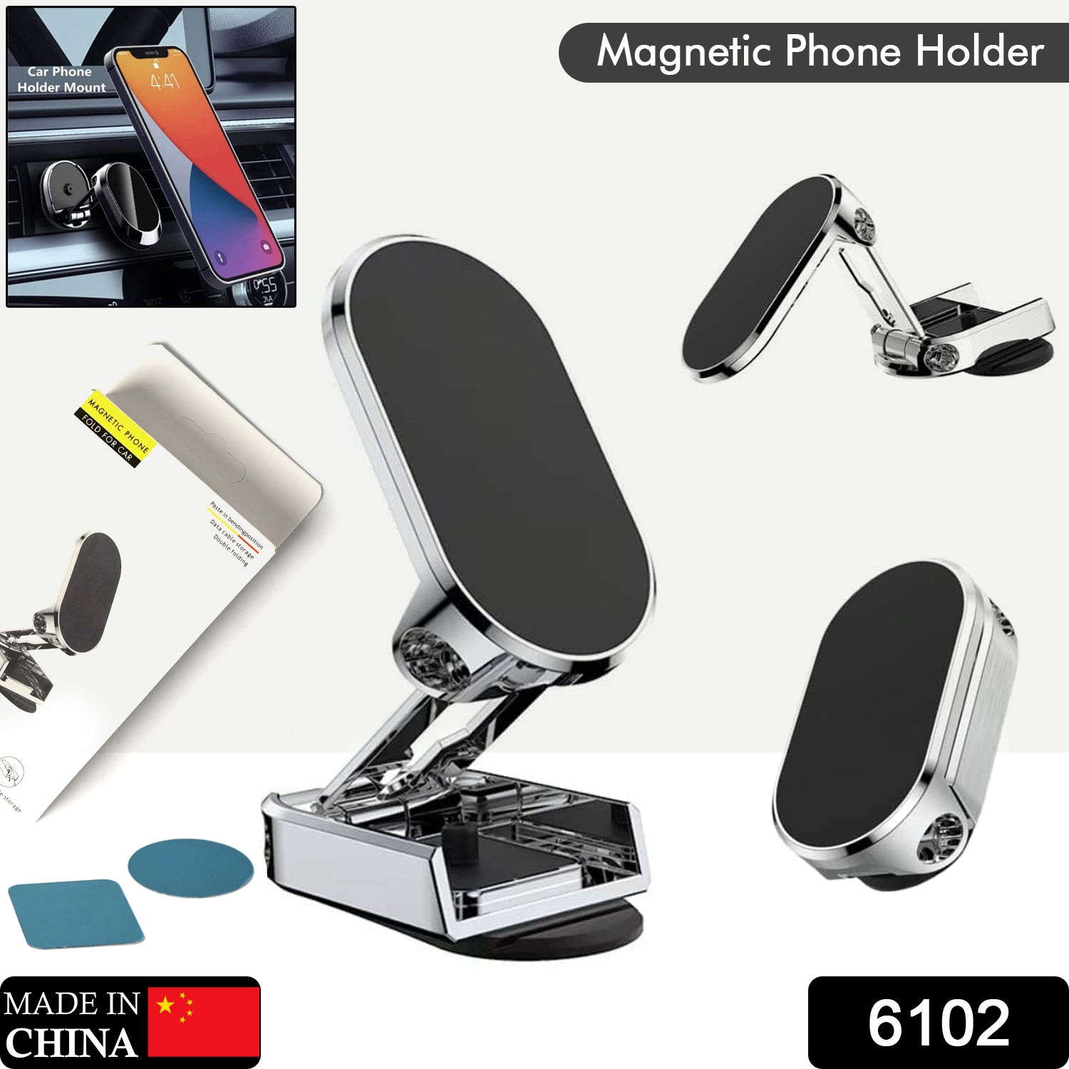 6102 360 Degree Rotating Magnetic Car Phone Holder Metal Folding Car Phone Holder New Alloy Folding Magnetic Car Phone Holder (Pack Of 1) - Springkart 