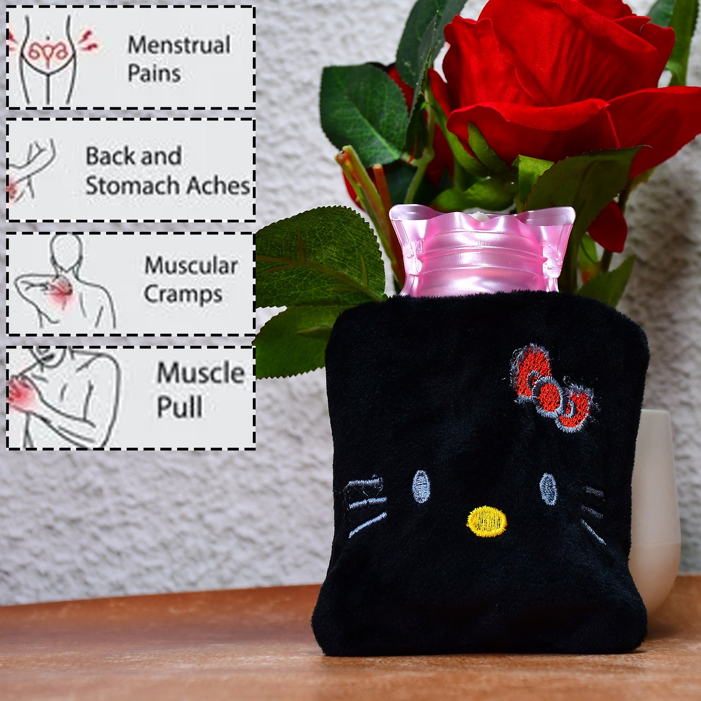 6513 Black Hello Kitty Small Hot Water Bag With Cover For Pain Relief Neck Shoulder Pain And Hand Feet Warmer Menstrual Cramps. - Springkart 