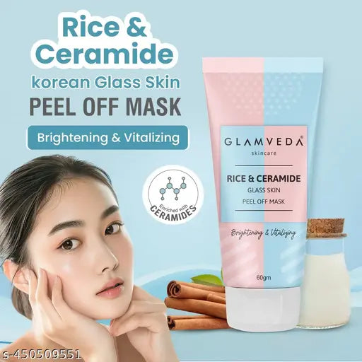 Glamveda Korean Rice & Ceramide Glass Skin Peel Off Mask | Instant Skin Brightening, Anti-Aging & Skin Barrier Repair | For Glowing & Even-Toned Complexion | Suitable for All Skin Types | 60gm