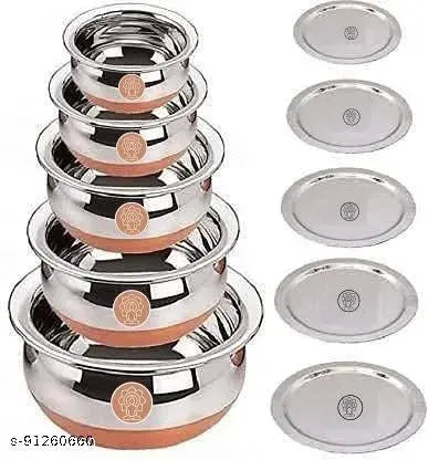 Supreme Stainless Steel Copper Bottom Handi,patila, Pot Biryani Punjabi Handi Set with Lid 5 Pieces Serving Bowls with Lids Cookware Set Capacity:- 0.5 L,0.8 L,1.2 L,1.5 L,1.8 L,(Copper & Silver)