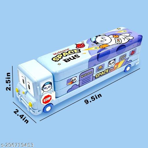 Bus Shape Pencil Box (Blue) School Bus Metal Geometry Box for Kids - Springkart 