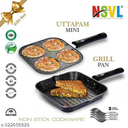 NSVL Non Stick Grill Pan & Mini Uttapam Pan Tawa Aluminum Multi Snack Maker / 2 pc Combo