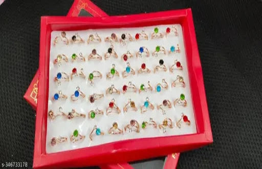 Pack of 48 Golden plated with Multicolor stones Rings for Girls, Women & Ladies(1 Box)