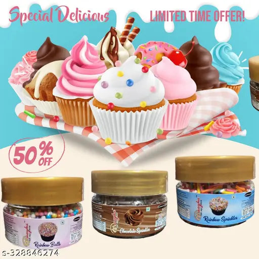 Maayka Premium | Combo of Cake Sprinkles Rainbow Balls + Rainbow Sprinkles + Chocolate Sprinkles Pack of 3 for Cake & Cupcake Decorations