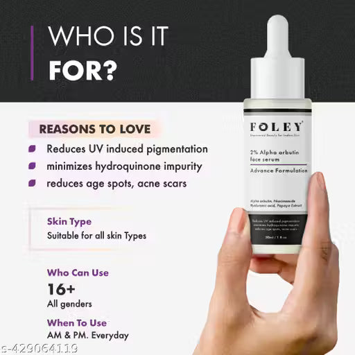 Foley Alpha Arbutin 2% Serum for Reduce acne scars, Hyperpigmentation With Niacinamide & Hyaluronic acid for Men-Women 30ml