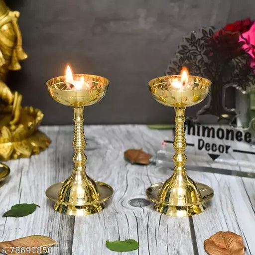 Pure Brass Plain Nanda Bowl Long Table Diya, 5.5 inches Big, Brass, Pack of 2 pcs (with Lavanga - 2pc)