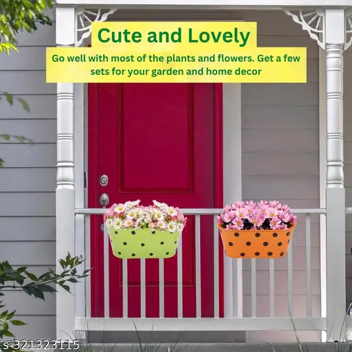 Hanging basket railing planter hanging Oval planters  Polka Dot Balcony Railing Planter with Detachable Handle, Hanging Planter, Balcony Planter, Color - Multicolor, Pack of 5