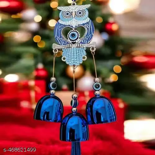 3 Bell Evil Eye Wind Chime with Owl Design - Unique Hanging Ornament for Home Decorative Showpiece - 25 cm (Metal, Blue)