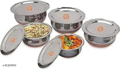 Supreme Stainless Steel Copper Bottom Handi,patila, Pot Biryani Punjabi Handi Set with Lid 5 Pieces Serving Bowls with Lids Cookware Set Capacity:- 0.5 L,0.8 L,1.2 L,1.5 L,1.8 L,(Copper & Silver)