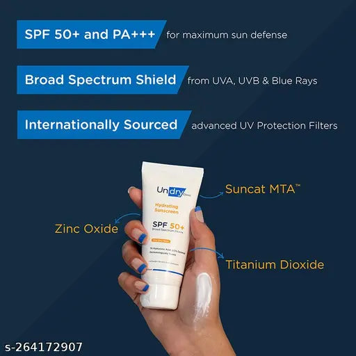 Undry Hydrating Sunscreen for Dry Skin (50gm) Lightweight, Photostable Sunscreen SPF 50 Broad Spectrum Sun Screen Protector SPF 50 Sunscreen for Women & Sunscreen for Men; Sun Cream with HA & Ceramide