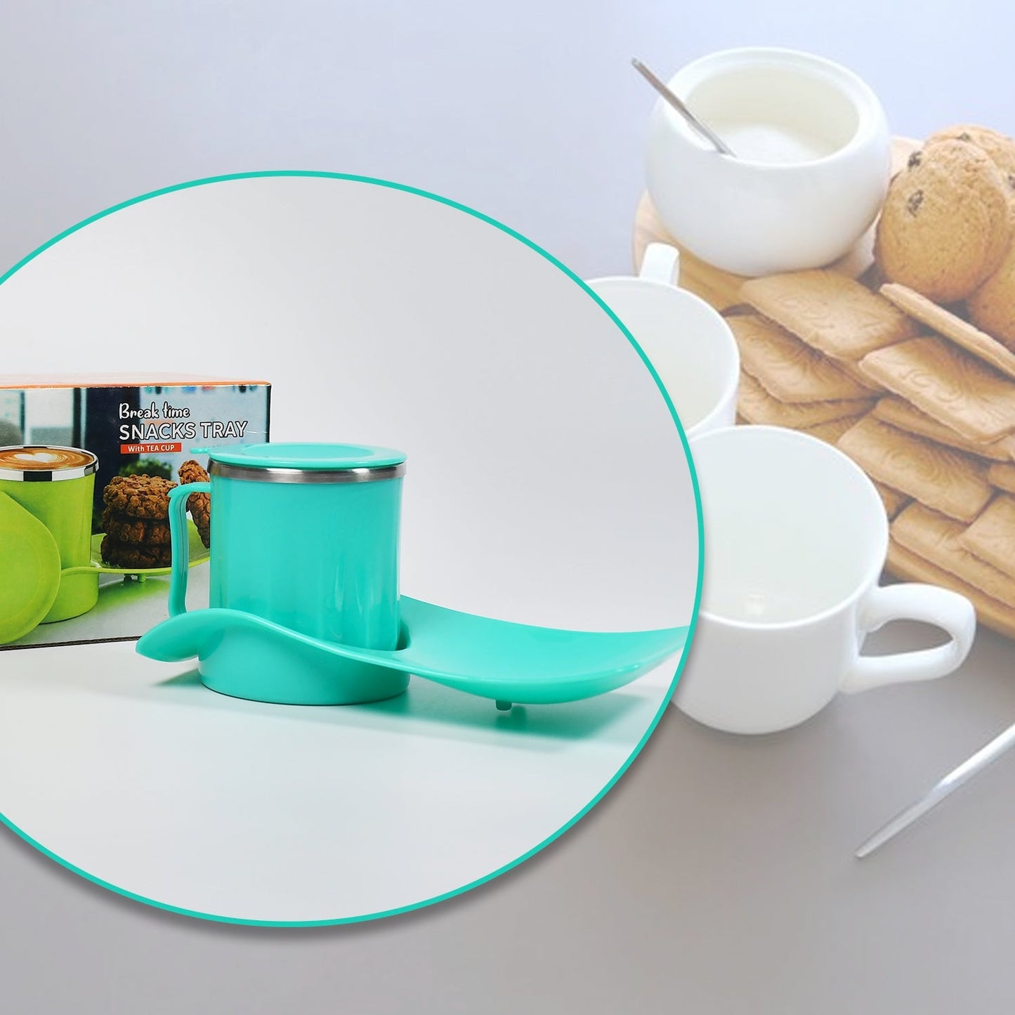 Snacks Tray & Inside Steel Cup 350ml Break Time Tray For Kids & Home Use - Springkart 