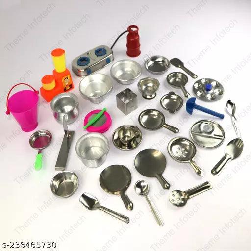 31 Pieces - Miniature Kitchen Set, Mini Kitchen Set, Kitchen Set for Kids Girls, Real Cooking Kit for Play, Steel Kitchen Set for Girls, Choppu Jaman, Miniature Cooking Set - Springkart 