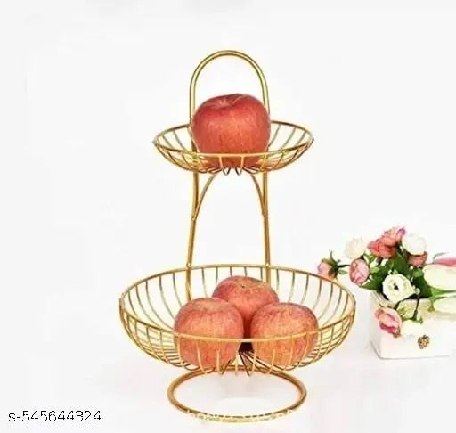 2 Tier Fruit and Vegetable Basket for Kitchen, Dining Table, Counter Top Big Size Fruit Bowl Organizer for and Stand Holder Table Countertop Rack [Gold)