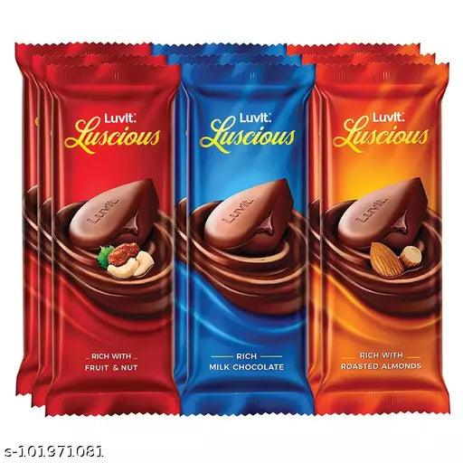 LuvIt Luscious Milk Chocolates Bar | Combo Pack of Milk, Fruit & Nut, Roasted Almond | Deliciously Smooth | Pack of 9 - 456g - Springkart 