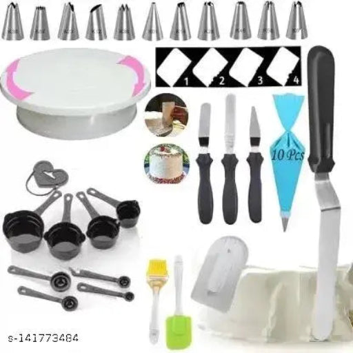 Cake Combo, Baking Tools, Cake Making Supplies, Cake Baking Supply, Cake Sets, Cake Combo Sets Icing set ,Turntable, Nozzle Set, scrapers,knife set, spatula, measuring cup for Cake Decoration, Cake Tools, Kitchen Tool Set , Icing set . Multicolor