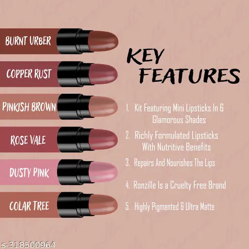 Ronzille Long Lasting Hydrating Mini Lipstick-Pack of 6 (Nude Edition,6 G)
