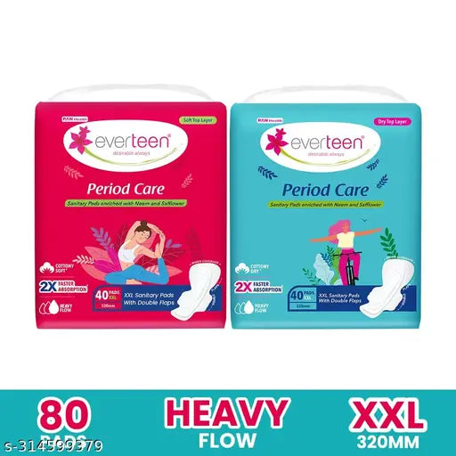 everteen 40 XXL Soft and 40 XXL Dry Period Care Sanitary Pads for Women, Neem Safflower Enriched, 2x Faster Absorption - (Total 80 Pads, 320mm) - Springkart 