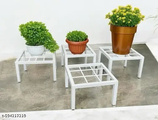 White Metal Plant Stand for Pots, Heavy Duty Flower Pot Stand, Iron Plant Stand for Indoor & Outdoor, Decorative Plant Pot Holder Rack, Garden Planter Stand for Balcony & Home, Square Metal Plant Holder, Plant Pot Riser Stand with Foot Caps, Strong Iron F