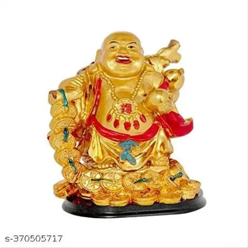 Polyresin Feng Shui Laughing Buddha with Coin Chain (Golden, 10 x 8.4 x 12 cm).