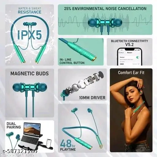 Wireless in-Ear Neckband Bluetooth Earphones with 10mm Drivers, Rich Music Experience, 50 Hours Playtime, Type C Fast Charging, Neckband Earphones with Voice