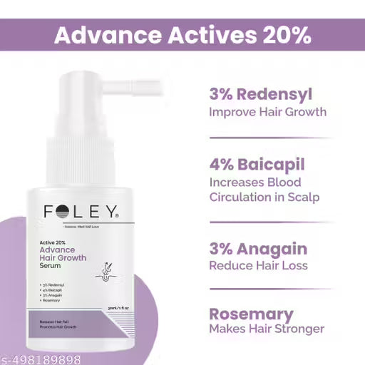 Foley Advanced Hair Growth Serum | Hair Fall Control & Hair Growth | 3%Redensy, 4%Baicapil, 3%Anagain & Rosemary Men-Women 30ml