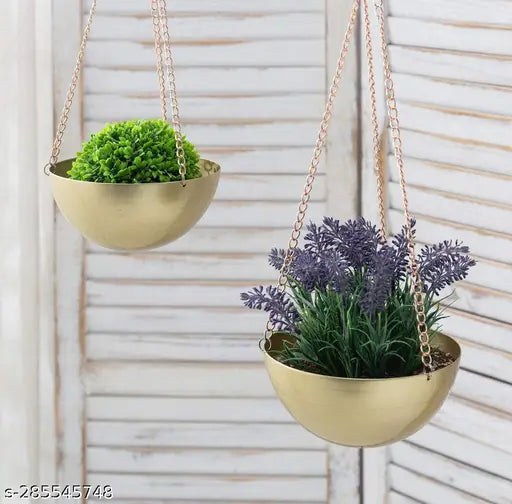 Metal Valencia Hanging Gold Small Planter Pot | Hanging Pots Round Planter Solid Look for Home & Balcony Garden (set of 2 Piece, Golden)