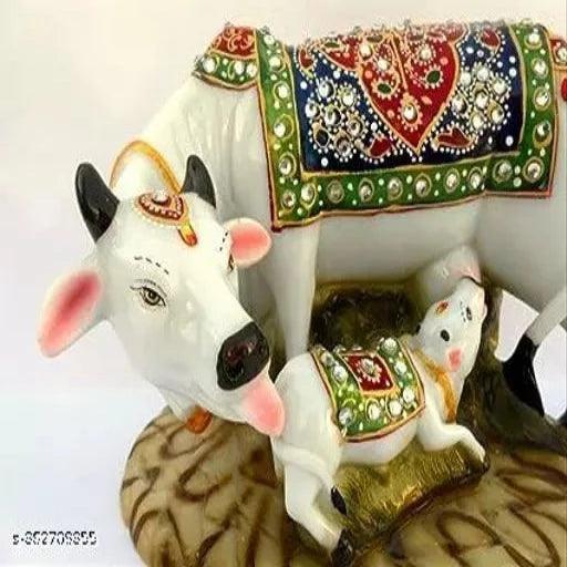 Kamdhenu Cow Murti Idol Good Shine Diamond work Hand Crafted Cow and Calf Idol - Springkart 