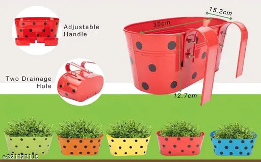 Hanging basket railing planter hanging Oval planters  Polka Dot Balcony Railing Planter with Detachable Handle, Hanging Planter, Balcony Planter, Color - Multicolor, Pack of 5