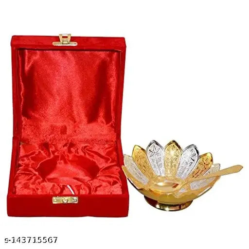 BRANDSOM GOLD PLATED FLORAL SHAPE BOWL SET Festive Bowl & Spoons Diwali GIFT !!!