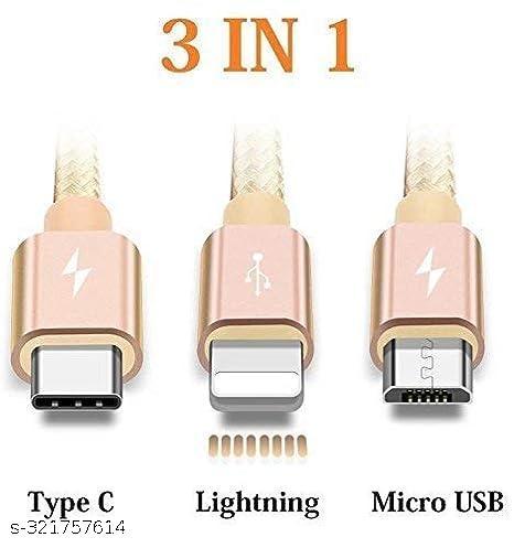 Unbreakable 3 in 1 USB Fast Charging Cable with Type C, Lightning, Micro USB Port with 2.1 A, Compatible with iPhone, iPad, Samsung, OnePlus, Mi, Oppo, Vivo, Xiaomi, 1.25M