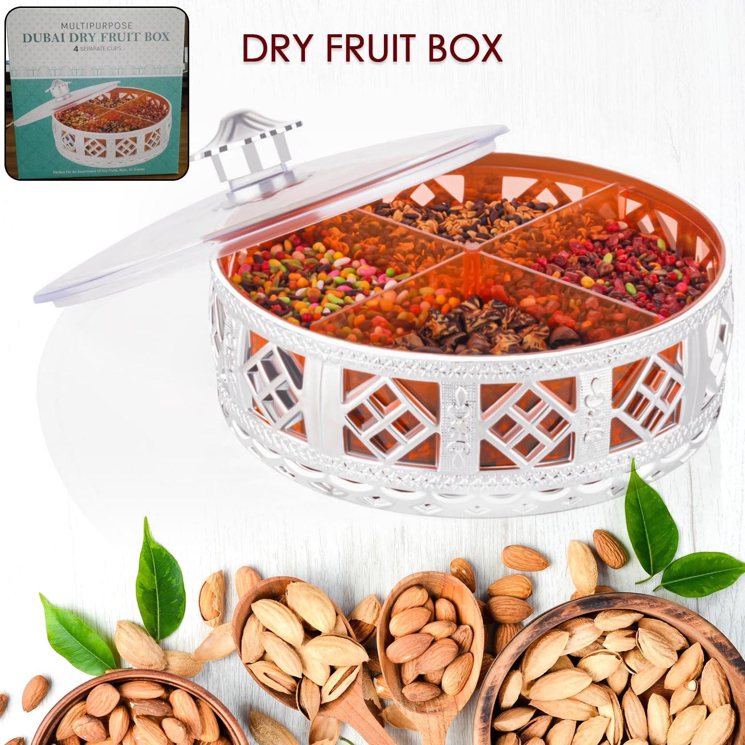 Multipurpose Dry Fruit Box 4 Section Dry Fruit Round Silver Gift Box (1 Pc) - Springkart 