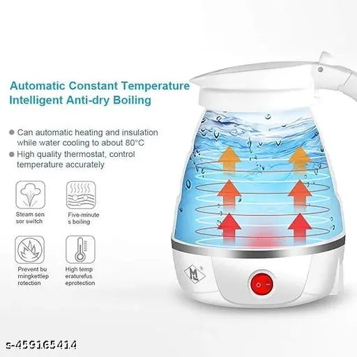 Travel Folding Electric Kettle, Fast Boiling, Beautiful Design-Silicone Foldable Kettle (White, Blue) - 600 Watt