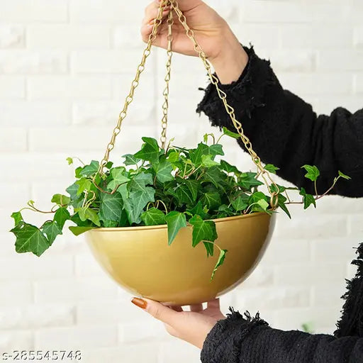 Metal Valencia Hanging Gold Small Planter Pot | Hanging Pots Round Planter Solid Look for Home & Balcony Garden (set of 2 Piece, Golden)