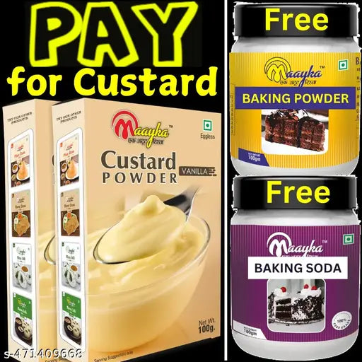 Maayka Premium | Vanilla Custard Powder Pack of 2 (100 Gram *2) + Free Baking Powder 100 Gram + Free Baking Soda 100 Gram