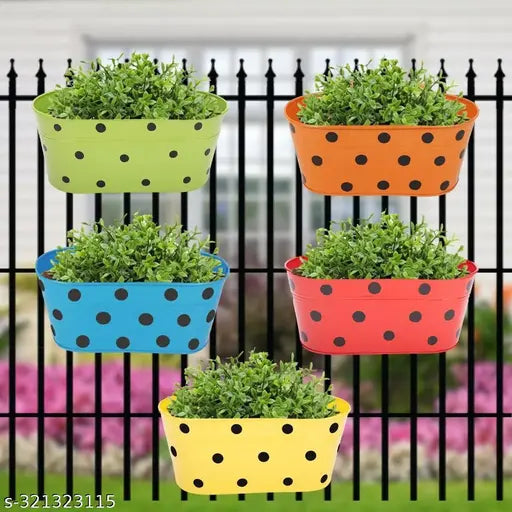 Hanging basket railing planter hanging Oval planters  Polka Dot Balcony Railing Planter with Detachable Handle, Hanging Planter, Balcony Planter, Color - Multicolor, Pack of 5