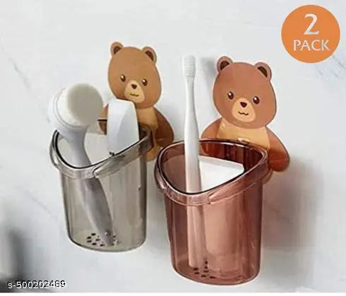 Toothbrush Holder Tumbler Wall Mounted with Teddy Magic Sticker (Pack of 2)