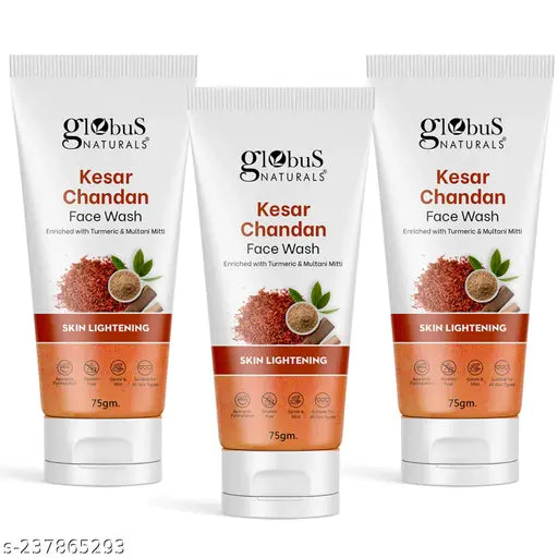 Globus Naturals Kesar Chandan Skin Lightening & Tan Removal Face wash, For Natural Glow & Spotless Skin, Natural & Ayurvedic Formula, Chemical Free, Cruelty Free, Suitable For All Skin Types, Each 75 gm (PACK OF 3)