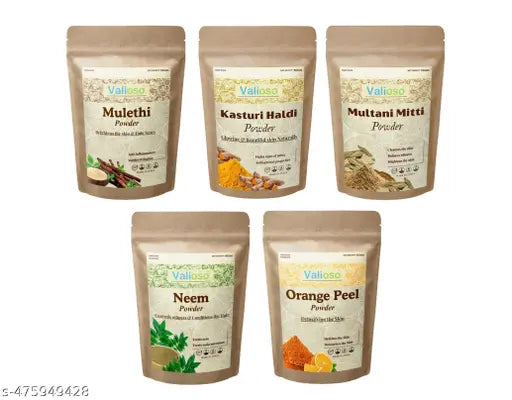Valioso Mulethi Powder, Kasturi Haldi Powder, Multani Mitti Powder, Neem Powder And Orange Peel Powder For Face Pack Combo Pack Of 5 50GmsEach (250 Gms)