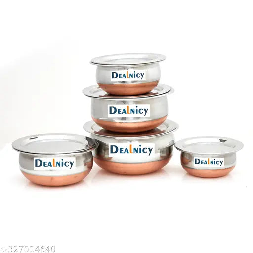 Stainless Steel Copper Base serving Set Handi Set of 5 Pieces with Lids/Serving Bowl Set/Cookware Set/Sauce Pot and handis (500ml, 800ml, 1000ml, 1200ml, 1500ml, 5 Pieces , Silver)Bhagona Set Tapeli Set ....