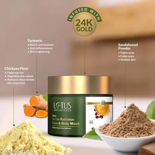 Lotus Botanicals Ubtan De-Tan Radiance Face and Body Mask | Infused with 24K Gold | For Boosting Skin Radiance, Reducing Skin Dullness & Anti-Tanning | No Silicon, No Sulphates, Non-Comedogenic, No Preservatives | 140g