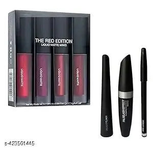 Combo of 4 in 1 Red matte lipstick with 4 different shades and Waterproof Eyeliner, Mascara With Eyebrow Pencil 3 g (Black) & 2 LONG LASTING EYELINER PENCIL & ADS KAJAL