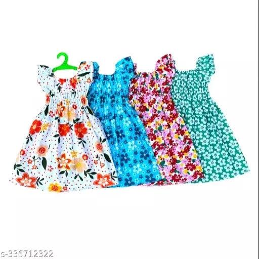 Trendy Fancy Designer White Multicolored baby Girls Cotton Floral Printed Frocks / Midi / Jabhla Dresses set for infant to kids (Combo Pack of 4) - Springkart 