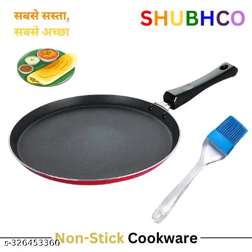 SHUBHCO Non-Stick Dosa Tawa Pan 30cm with Heat-Resistant Bakelite Handle and Free Silicone Brush – Aluminum Flat Tawa for Roti, Chapati, Crepes, and Pancakes – Gas Stove Compatible (Red)